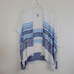 Calvin Klein White & Blue Knit Poncho w/ Fringe One Size